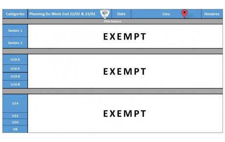 Planning du weekend du 22 et 23 février 2020